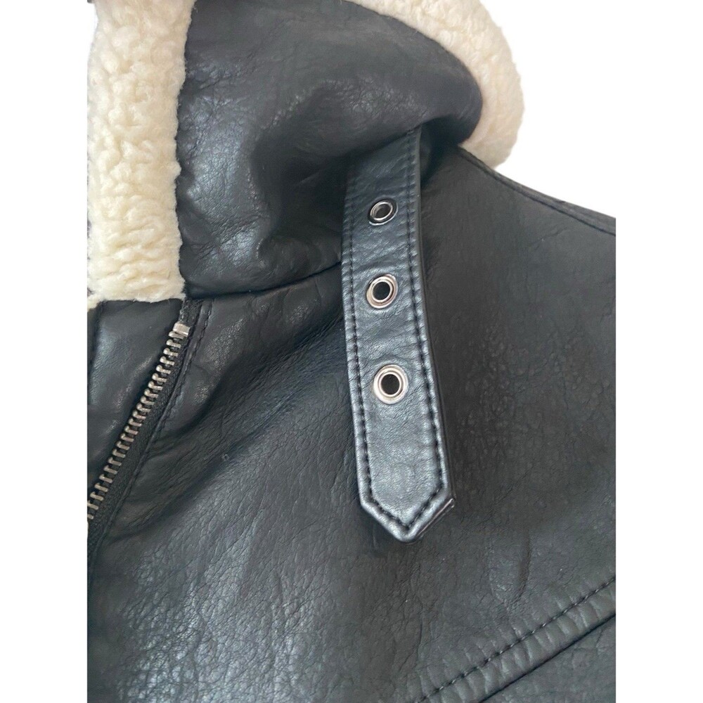 Womens Y2K Faux Leather Sherpa Aviator Jacker Size XS Black Bratzcore Moto Retro - Picture 7 of 14